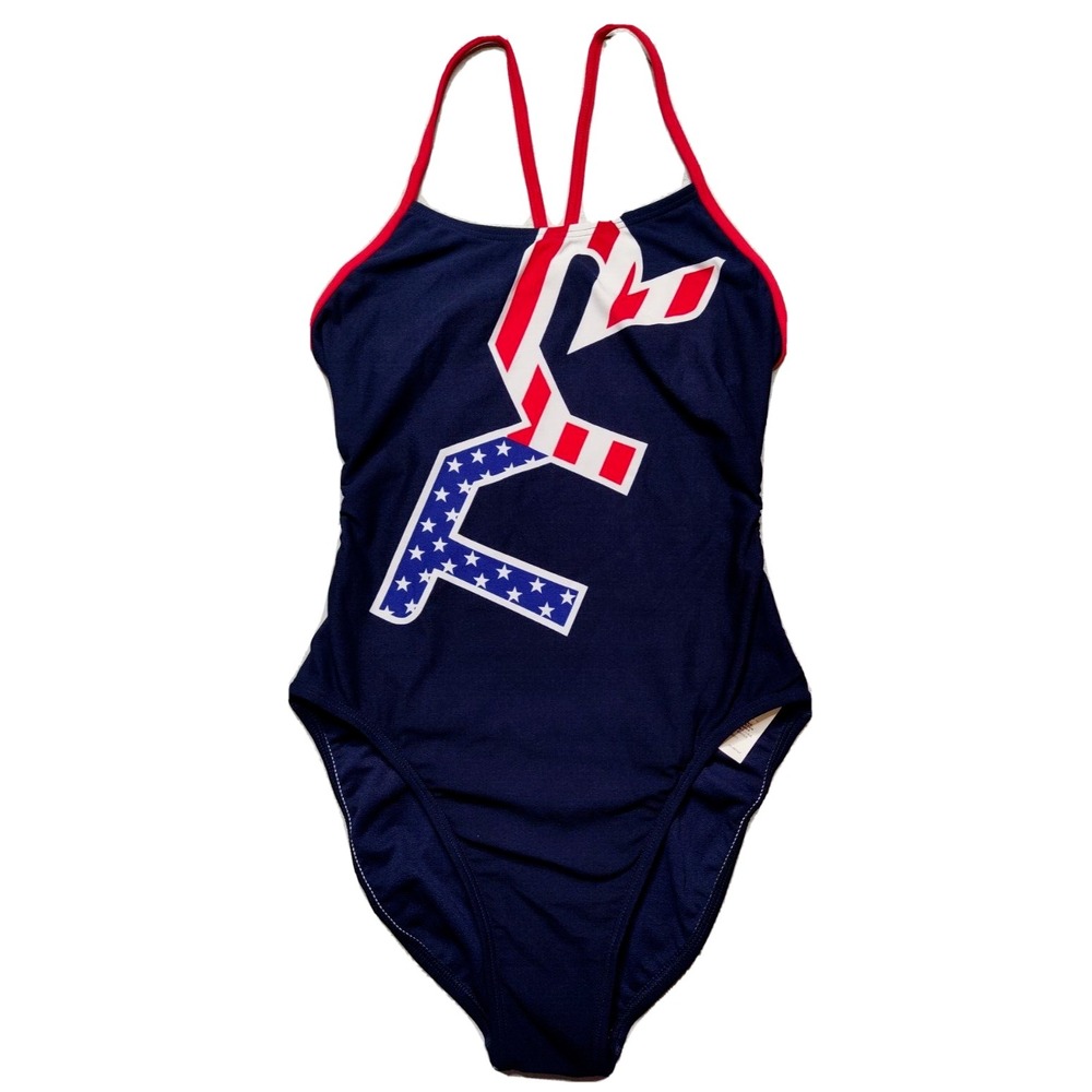 TYR DURAFAST Big Logo CUTOUT FIT Red‎ White Blue Swimsuit -Women 36 NEW